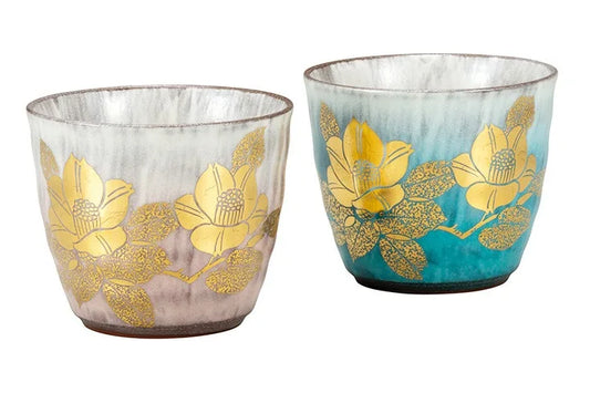KUTANI WARE PAIR OF SHOCHU CUPS PURE GOLD CAMELLIA