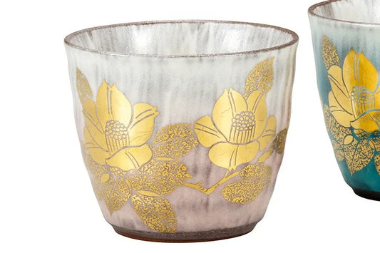 KUTANI WARE PAIR OF SHOCHU CUPS PURE GOLD CAMELLIA