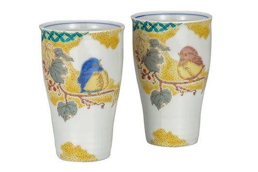 KUTANI WARE PAIR OF FREE CUPS KOMON YOSHIDAYA SPARROW