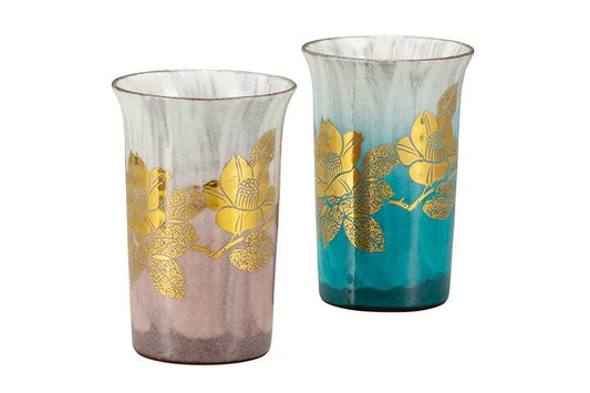 KUTANI WARE PAIR OF FREE CUPS GENUINE GOLD CAMELLIA