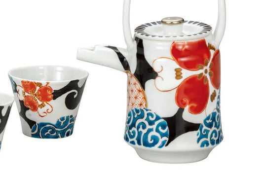 KUTANI WARE SAKE SET COLORED ARABESQUE WITH FLOWERS / TSUYOSHI SATOU