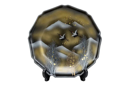 KUTANI WARE DECORATIVE PLATE - KIDACHI TSURU DESIGN, TRADITIONAL JAPANESE CRANE MOTIF