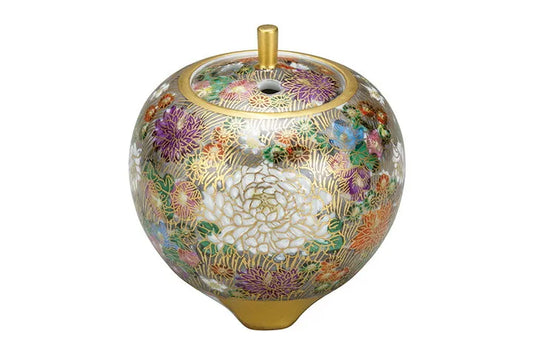 KUTANI WARE MINI INCENSE BURNER – HONKIN HANAZUME (GOLD FLORAL) BY SHINZAN IN WOODEN BOX