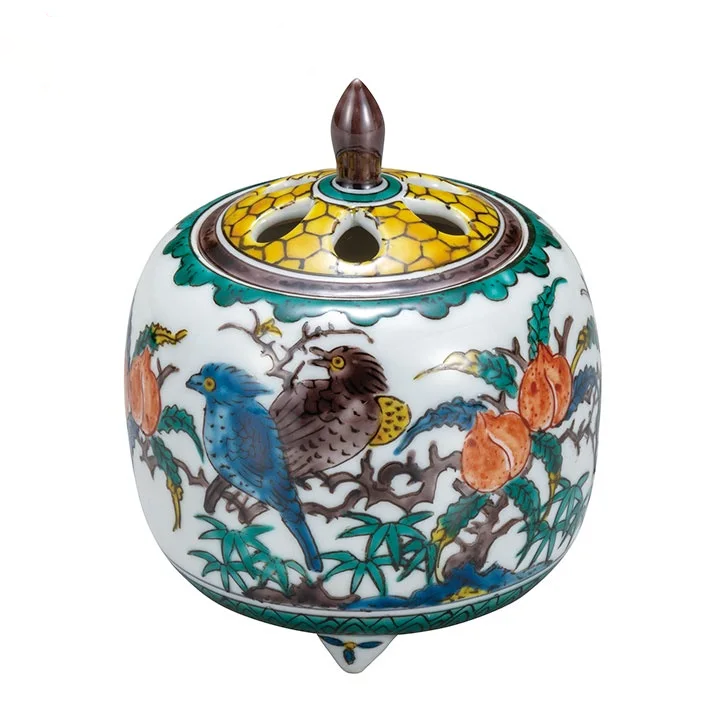 KUTANI WARE INCENSE BURNER - KO-KUTANI STYLE, FLORAL AND BIRD DESIGN, HANDCRAFTED JAPANESE ART