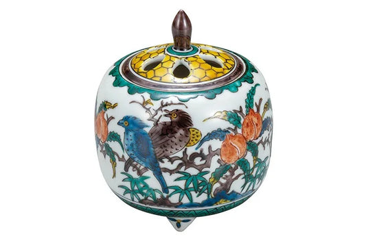KUTANI WARE INCENSE BURNER - KO-KUTANI STYLE, FLORAL AND BIRD DESIGN, HANDCRAFTED JAPANESE ART