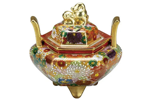KUTANI PORCELAIN INCENSE BURNER – TRADITIONAL GOLD HANA-ZUME DECORATION