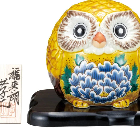 KUTANI WARE OWL FIGURINE YELLOW PEONY DESIGN/ TAKAYUKI HASEGAWA