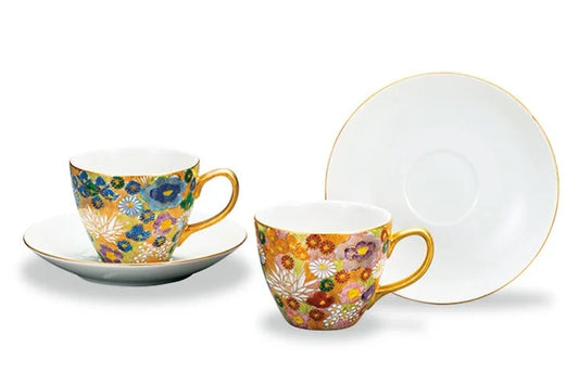 KUTANI WARE PAIR OF CUPS & SAUCERS KIN HANAZUME