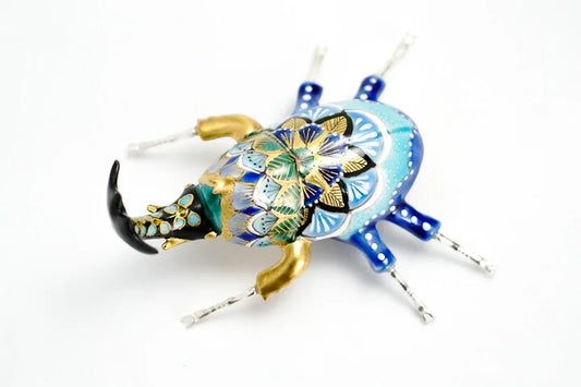 KUTANI WARE BEETLE FIGURINE – FOREST BLUE BY TAKAFUMI TAKA, JAPANESE PORCELAIN ART