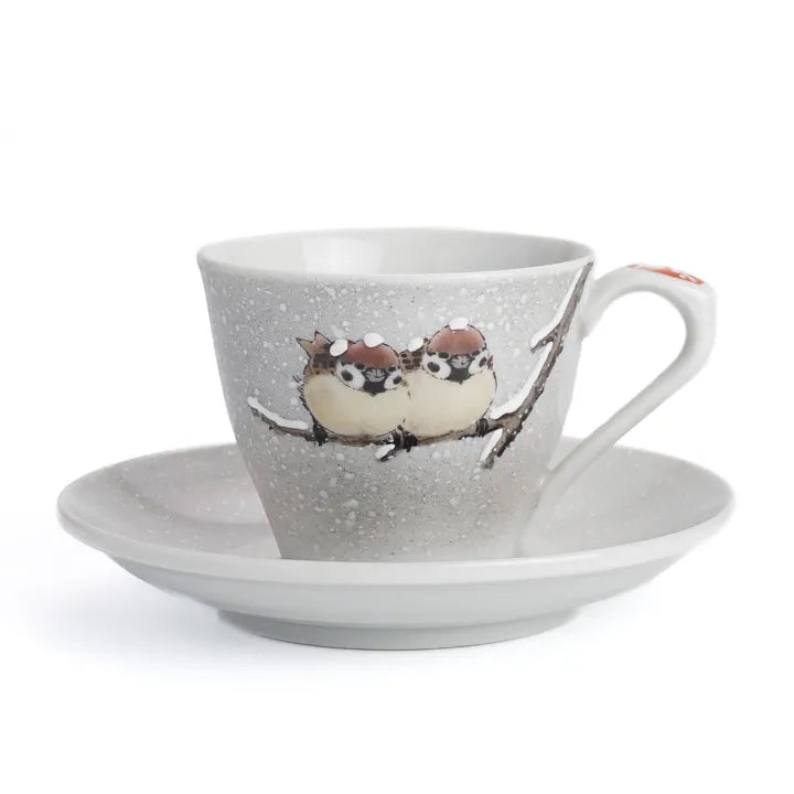 JAPANESE KUTANI COFFEE CUP & SAUCER SET – TWO SPARROWS IN SNOW MOTIF BY TOSHITO NAKAMURA