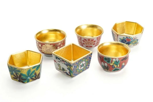 KUTANI WARE SAKE CUPS SET OF 6 WITH EDO-STYLE DESIGNS AND GOLD LEAF / SEIKOU KLIN