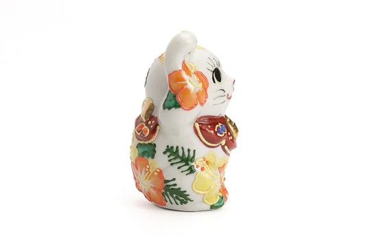 KUTANI WARE LUCKY CAT(MANEKI NEKO) HIBISCUS RAISED RIGHT PAW