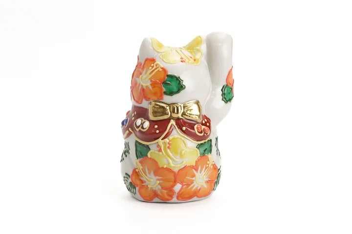 KUTANI WARE LUCKY CAT(MANEKI NEKO) HIBISCUS RAISED RIGHT PAW