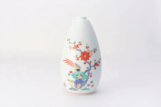 ARITA WARE HANGING BELL-SHAPED SINGLE FLOWER VASE “UME & BIRD” DESIGN – KAKIEMON KILN (MEDIUM)