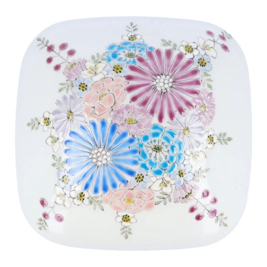 KUTANI WARE TWO-TIERED BOX - HANA BLUE-PURPLE DESIGN BY IROE-YU, JAPANESE CERAMIC ART