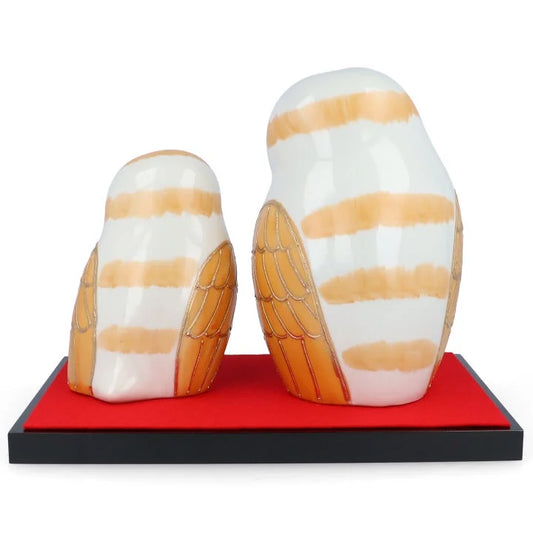 KUTANI JAPANESE PAIR OF OWL FIGURINE GOLD RAISED DECORATION(INCLUDES STAND, MAT, AND NAMEPLATE)