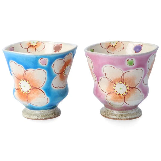 KOKUZOU KLIN/ KUTANI RICE BOWL & TEACUP PAIR 4-PIECE SET HANA URARA (TURQUOISE & PINK)