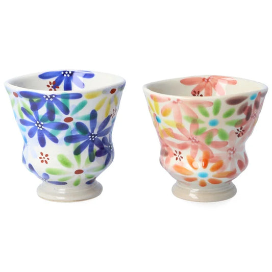 KOKUZOU KLIN/ KUTANI RICE BOWL & TEACUP PAIR 4-PIECE SET HANA NO UTAGE (BLUE & RED)