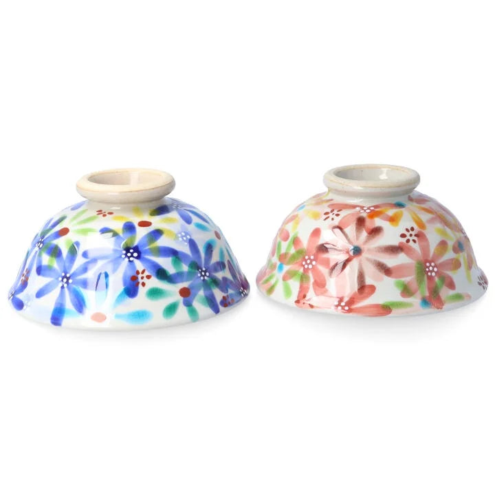 KOKUZOU KLIN/ KUTANI RICE BOWL & TEACUP PAIR 4-PIECE SET HANA NO UTAGE (BLUE & RED)