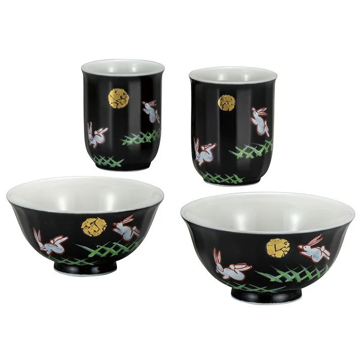 KUTANI WARE PAIR RICE BOWL SET (MUKUZOROI) TSUKI USAGI (MOON RABBIT) DESIGN