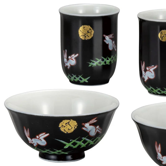 KUTANI WARE PAIR RICE BOWL SET (MUKUZOROI) TSUKI USAGI (MOON RABBIT) DESIGN