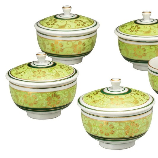 KUTANI WARE LIDDED TEA CUP SET – SHIROCHIBU TESSEN GREEN (GIFT BOXED)