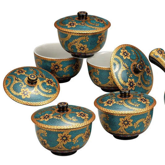 KUTANI WARE TEA SET WITH LID AOCHIBU KIN KARAKUSA