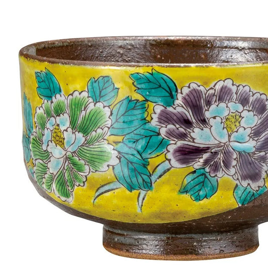 KUTANI WARE MATCHA BOWL - YOSHIDAYA STYLE BOTAN PEONY DESIGN, JAPANESE TEA CEREMONY CHAWAN
