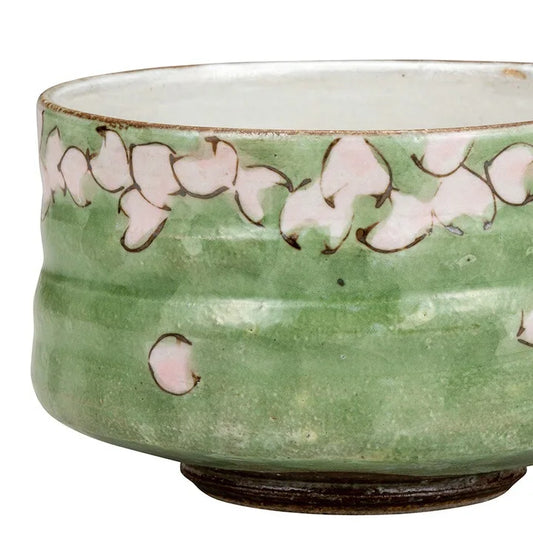 KUTANI WARE MATCHA BOWL CHAWAN- FLOWER SAKURA, TRADITIONAL JAPANESE CERAMIC ART