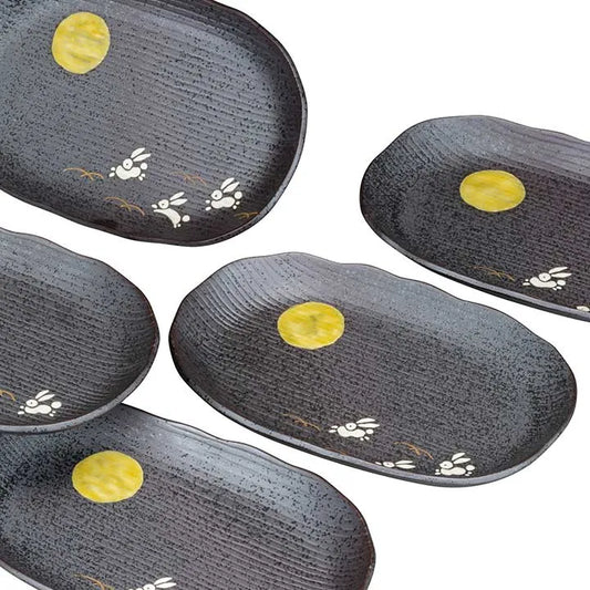 JAPANESE OVAL PLATE SET KUTANI MOON RABBIT