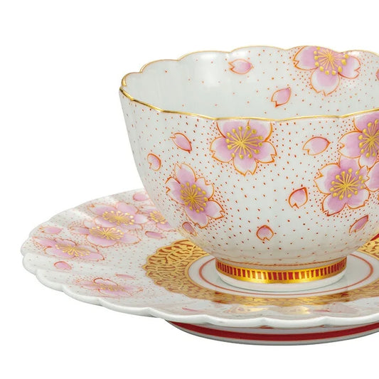 KUTANI CUP & SAUCER - KINRAN SAKURA HAND-PAINTED BY YOSHINORI FUKUDA