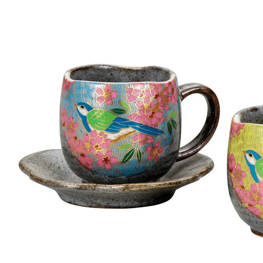 KUTANI WARE PAIR COFFEE GOLDEN CHERRY BLOSSOM BIRD