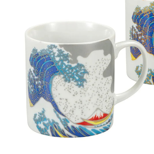 JAPANESE KUTANI PORCELAIN MUG PAIR – HOKUSAI WAVE DESIGN