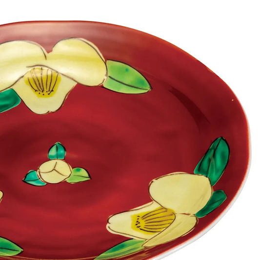 KUTANI WARE 8-INCH SERVING PLATE “CAMELLIA” JAPANESE DECORATIVE CERAMIC PLATE MADE IN JAPAN GIFT BOX INCLUDED