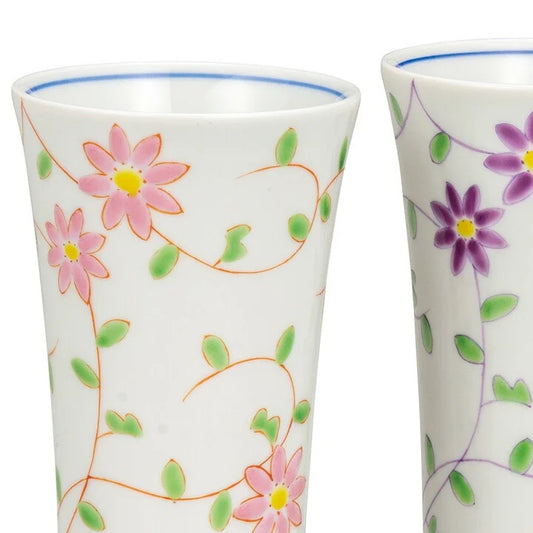 KUTANI WARE PAIR OF FREE CUPS FLOWER ARABESQUE PATTERN