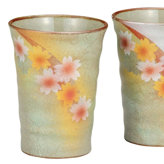 KUTANI WARE PAIR OF FREE CUPS SUNLIT FLORAL PATTERN