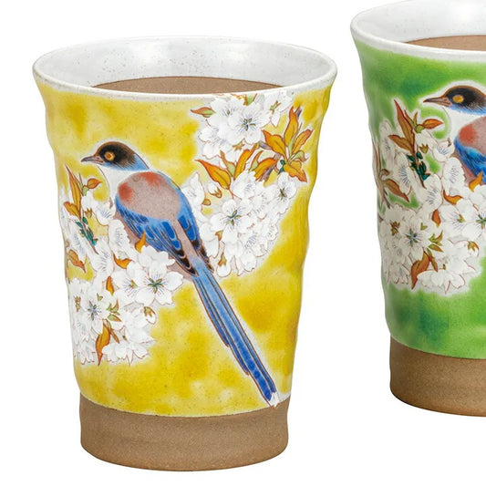 KUTANI JAPANESE PAIR OF FREE CUPS OVERGLAZE ENAMEL PAINTING BIRDS WITH CHERRY BLOSSOMS