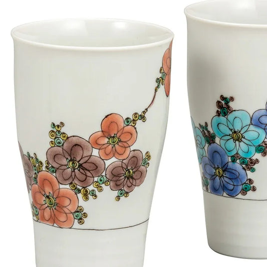 KUTANI WARE PAIR OF FREE CUPS FLORAL TREES/ KINUYO OKADA