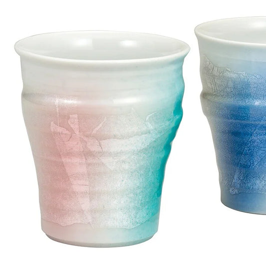 JAPANESE KUTANI PAIR OF FREE CUPS BICOLOR SILVER GLAZE
