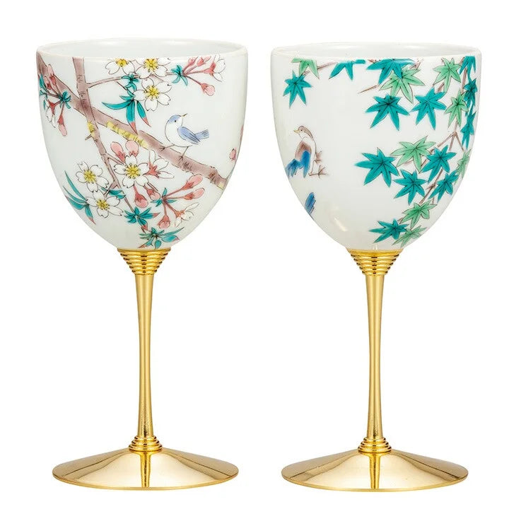 JAPANESE WINE GLASS KUTANI PAIR OF WINE CUPS BIRDS THROUGH THE SEASONS
