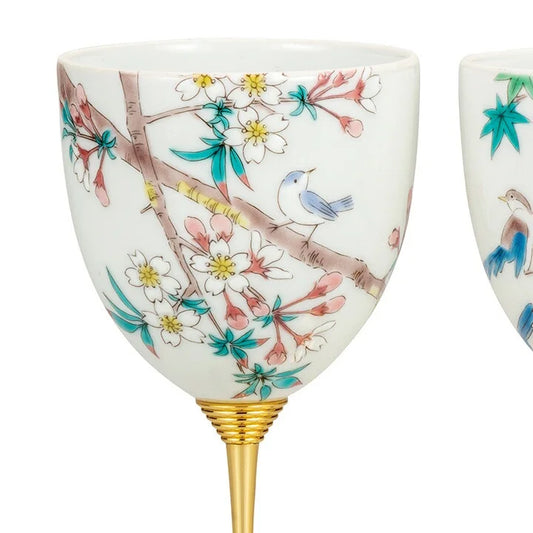 JAPANESE WINE GLASS KUTANI PAIR OF WINE CUPS BIRDS THROUGH THE SEASONS