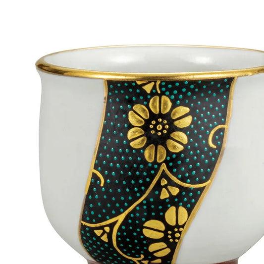 KUTANI JAPANESE GUINOMI - GOLD LEAF TWISTED BLUE DOTS WITH TESSEN (CLEMATIS) DESIGN/ MANAMI UENO