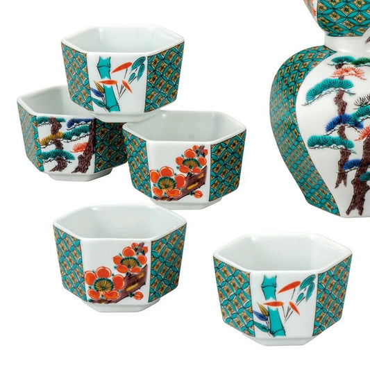 JAPANESE KUTANI SAKE SET KO-KUTANI PINE, BAMBOO & PLUM