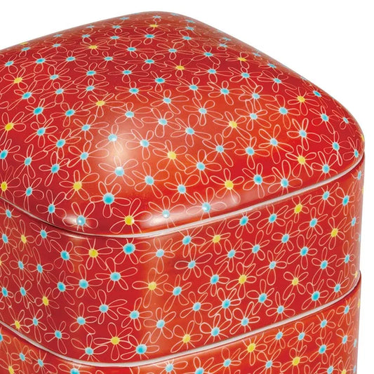 KUTANI WARE TWO-TIERED BOX WITH VERMILION BASE AND SMALL FLORAL PATTERN/ SUMIKA KAWAMURA