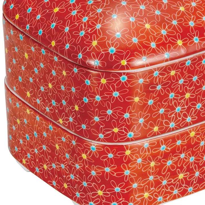 KUTANI WARE TWO-TIERED BOX WITH VERMILION BASE AND SMALL FLORAL PATTERN/ SUMIKA KAWAMURA