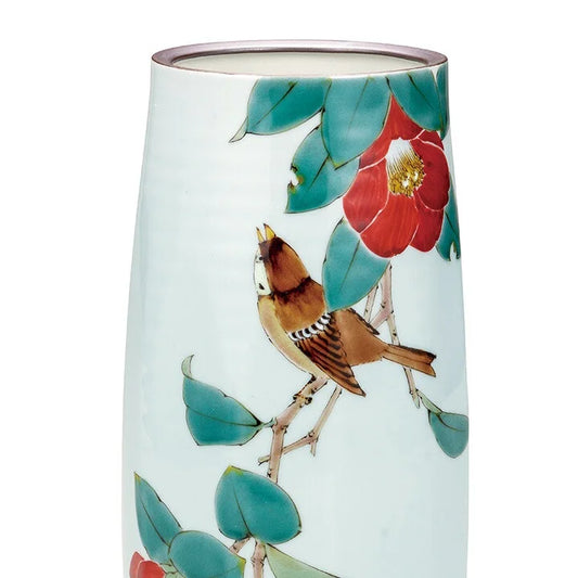 KUTANI JAPANESE FLOWER VASE CAMELLIA AND SPARROW/ RYUZAN YAMADA