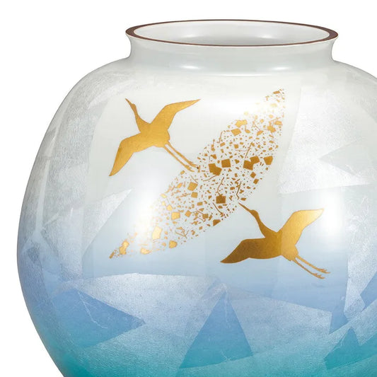 KUTANI WARE VASE – SILVER AND GOLD CRANE DESIGN (WOODEN BOX INCLUDED)