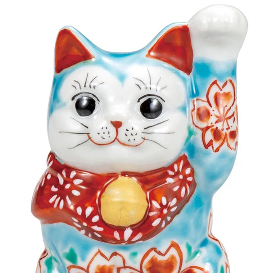 KUTANI WARE LUCKY CAT (MANEKI NEKO) TURKISH BLUE GLAZED CHERRY BLOSSOM
