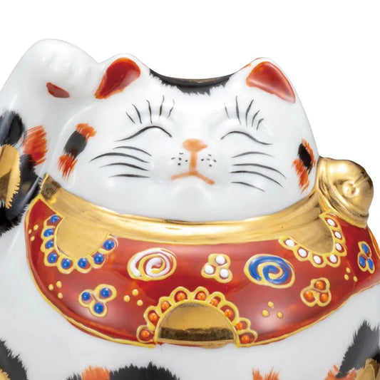 KUTANI WARE MANEKI NEKO LUCKY CAT – GOLDEN CALICO WITH CUSHION