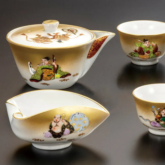 JAPANESE TEAPOT SET KUTANI SEVEN LUCKY GODS HOUHIN / TOSHIFUMI TAKA